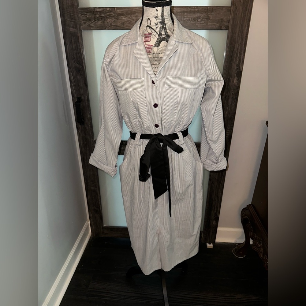 Vintage Striped Button-Up Dress with Black Belt